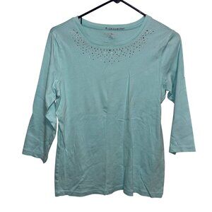 Studio Works Womens Light Blue 3/4 Sleeve Rhinestone Embellishments Size M